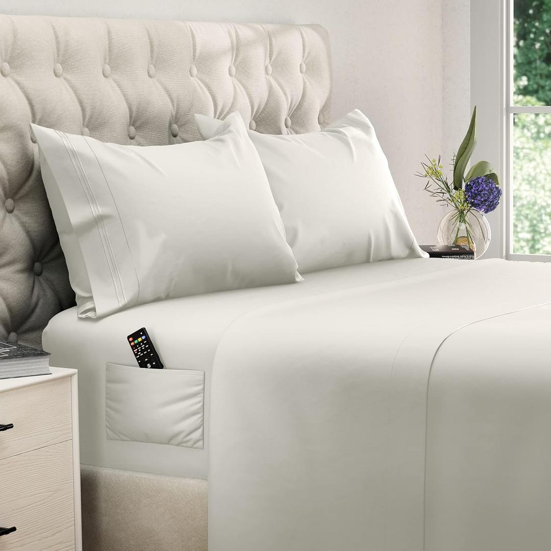 DREAMCARE King Size Sheets Set - Cooling Bed Sheets - 4pcs Set - up to 15" Deep Pocket King Sheet Set Soft & Long Lasting Cooling - 100% Fine Brushed Polyester with Side Pocket - Ivory