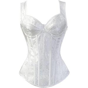 Women's Lace up Gothic Jacquard Shoulder Straps Tank Overbust Shaper Corset Bustiers Top (X-Large, White)