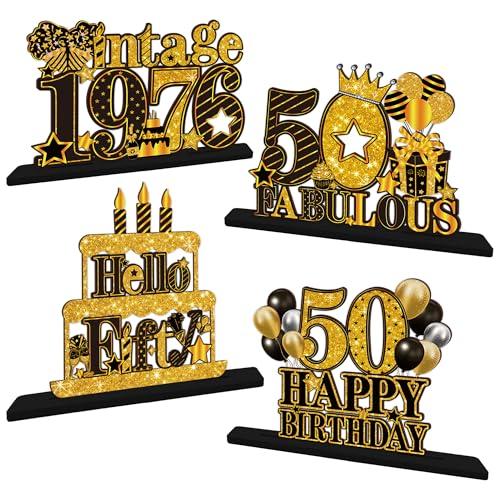 MOIZYNG 4 Pieces 50th Birthday Table Decorations, Wooden Vintage 1976 Happy 50th Birthday Centerpieces for Tables Sign, Black Gold 50 & Fabulous Decorations Party Supplies for Men Women
