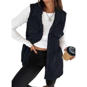 EVALESS Womens Warm Sherpa Fleece Sleeveless Button Down Long Vest Sherpa Jackets Coat Outerwear (Small, Black)