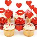 40Pcs Valentines Cupcake Toppers Red Heart & Lips Glitter Love Picks for Valentine's Day Anniversary Wedding Birthday Party Cake Decorations