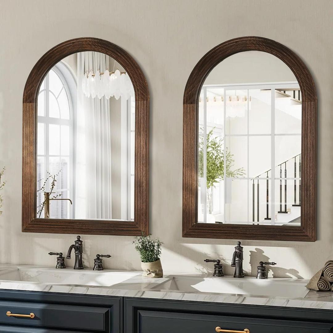 LOSOUR 2 Pack Arched Mirror, Farmhouse Decor Solid Wood Frame Wall Mirror,Vintage Bathroom Mirrors for Bathroom, Living Room,Bedroom, Entryway, Hallway,Foyer (Coffee, 2 Pack-30 L x 20" W)