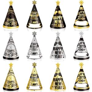Biswiter New Years Eve Party Hats 2026, 12 Pack Happy New Years Paper Cone Hat for NYE Decorations, Black Gold and Silver Party Supplies 2026 for NYE Photo Booth Props