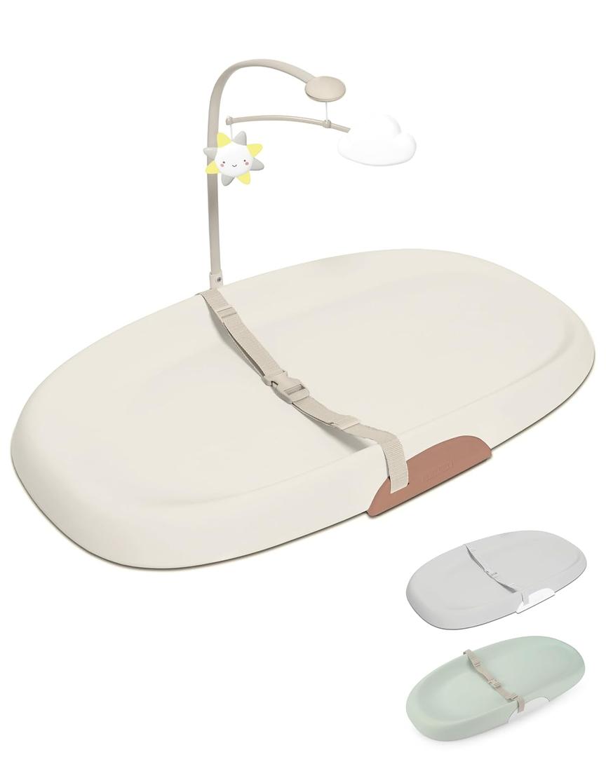 Skip Hop Baby Changing Pad Nursery Style Wipe-Clean Contoured with Cushioned Foam, Non-Skid Base, Built-in Safety Belt & Tuck-Away Toy Bar Fits Standard Changing Tables, Oat