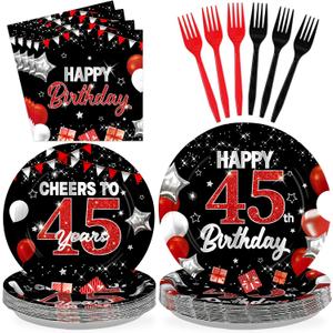 96Pcs Black Red 45th Birthday Decorations - Black and Red Plates and Napkins Happy Birthday Party Disposable Tableware for 1980 Women Men Vintage 45th Birthdays Party Decorations Serves 24