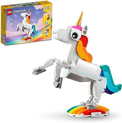 LEGO Creator 3 in 1 Magical Unicorn Toy, Transforms to Seahorse to Peacock, Rainbow Animal Figures, Unicorn Gift for Grandchildren, Girls and Boys, Buildable Toys, 31140