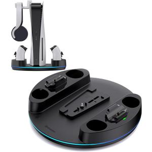 NEWDERY for PS5/Slim/Pro Console Stand, with Dual Charging Station for PS5 Controllers, Adjustable RGB Light, for PS5 Controller Charger Stand - Black