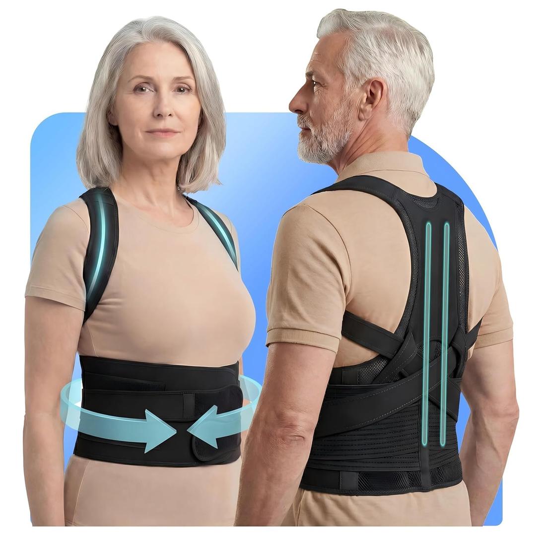 New for 2026 Posture Corrector for Seniors Women & Men, Advanced Full Back Brace Support for Upper & Lower Back, Spine & Neck Alignment, Reinforced Wide Dual-Layer Waist Support Belt with Shoulder Straightener and Back-Opening Support, Breathable for Daily Wear, Walking & Long Sitting (Black, XXL)