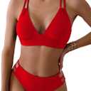 Cheeky Back Cross Bikini Sets for Women with Sexy High Waisted High Cut Side Straps Bottom (Large, Red)
