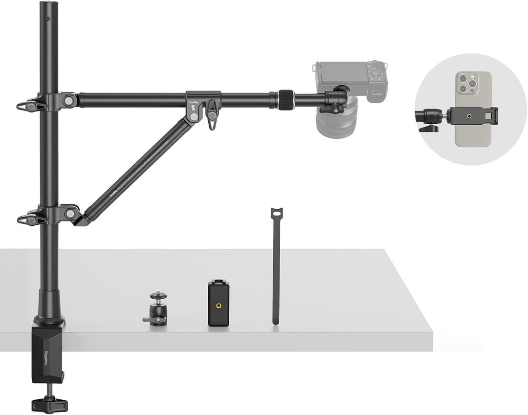 SMALLRIG Triangle Camera Desk Mount, Overhead Desk Clamp Phone Mount
with Auxiliary Support Rod, with Phone Holder & Ball Head for Camera/Phone/Light/Webcam, Max Load 6.6lbs