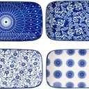 Ceramic Rectangle Salad Plates Set - Large 9.5 Inch Rectangular Serving Dishes for Dinner Pasta Dessert Sushi Appetizer - Oven Microwave Dishwasher Safe - Set of 4 - Vintage Blue
