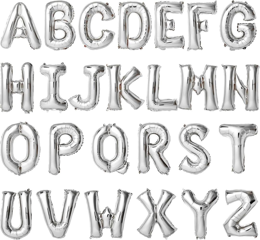 16 Inch Silver Letter Balloons Mylar Foil Alphabet Letter A-Z Balloons Set for Wedding Birthday Party Decoration Banner(26pcs Pack)