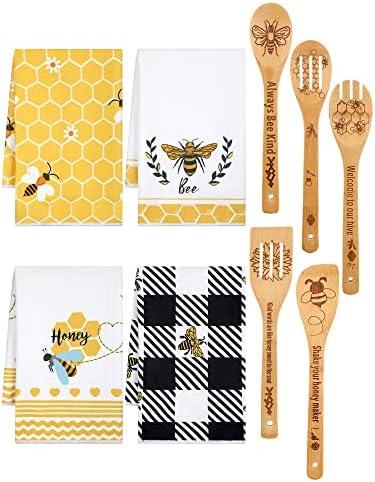 Bencailor 9 Pcs Honey Bee Kitchen Hand Towels Honeycomb Bath Tea Towels Polyester Dish Cloths Absorbent with Cute Wooden Spoons for Kitchen Bathroom Home Decor, 16 x 24 Inch(Bee)