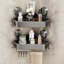 Mustorn Suction Cup Shower Caddy Corner, 2 Pack Suction Corner Shower Shelves No Drilling, Rustproof Shower Organizer Suction Cup with Towel Holder & Hooks Removable Bathroom Storage Rack(Gray)