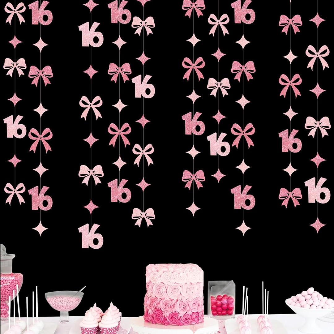 Glitter Pink 16th Bow Birthday Decorations Hot Pink Conquette Bow Garland Streamer Banner Backdrop for Girls Boys Happy 16th Birthday Sweet Sixteen Cheers to 16 Years Old Anniversary Party Supplies