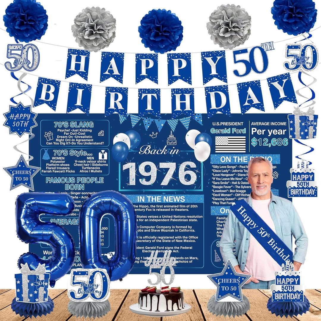 Crenics Blue 50th Birthday Decorations for Men Women - Back in 1976 Backdrop, Banner, Swirls, Centerpieces, Sash, Paper Pom Poms, Cake Topper and Balloons for 50 Birthday Party Supplies
