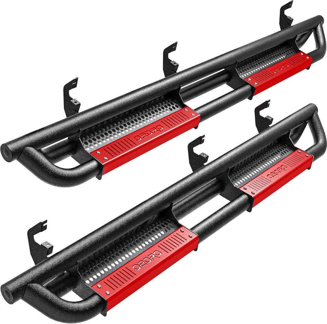oEdRo 6 inch Running Boards Compatible with 2019-2025 Chevy Silverado/GMC Sierra 1500 Extended/Double Cab; 2020-2025 2500HD 3500HD, Truck Side Steps, Textured Nerf Bar, Black & Red