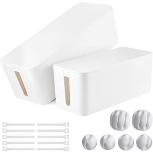 Cable Management Box, 2 Pack Large & Medium Cable Organizer Box with 17 PCS Cable Management Set, Cord Organizer Box to Hide Surge Protector on Desk or Floor (White)