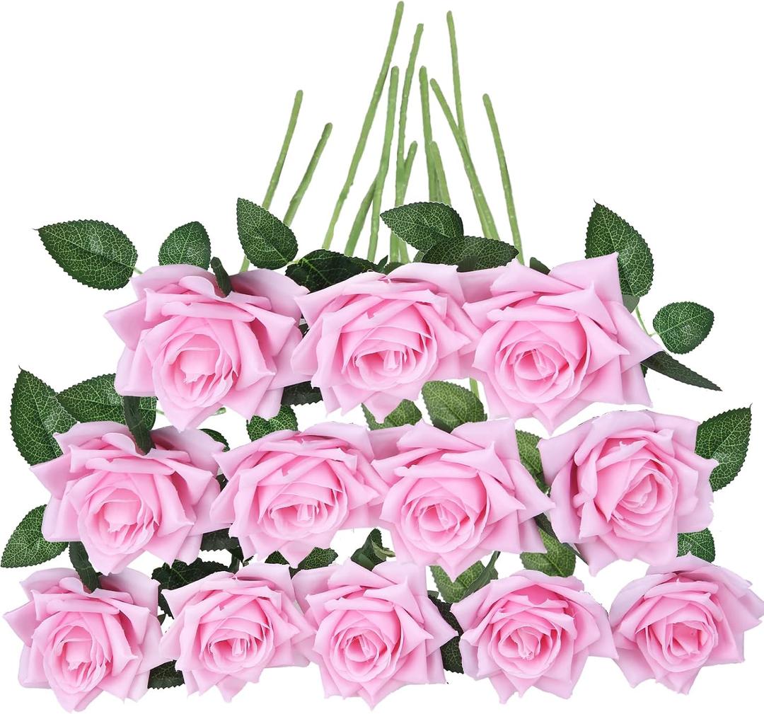GREENTIME 12 Pack Pink Fake Roses Artificial Flowers with Stems | Silk Flower Bouquet for Valentine's Day Home Table Centerpiece Wedding Bridal Decor Baby Shower Engagement Party Decorations