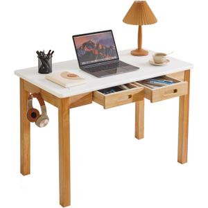Small Computer Desk Table, Wood Writing Table with Drawers and Hooks, 39x22x30inch Study Desk, Work Desk, Wooden Dining Table White + Natural Wood Legs YD-WD02WN