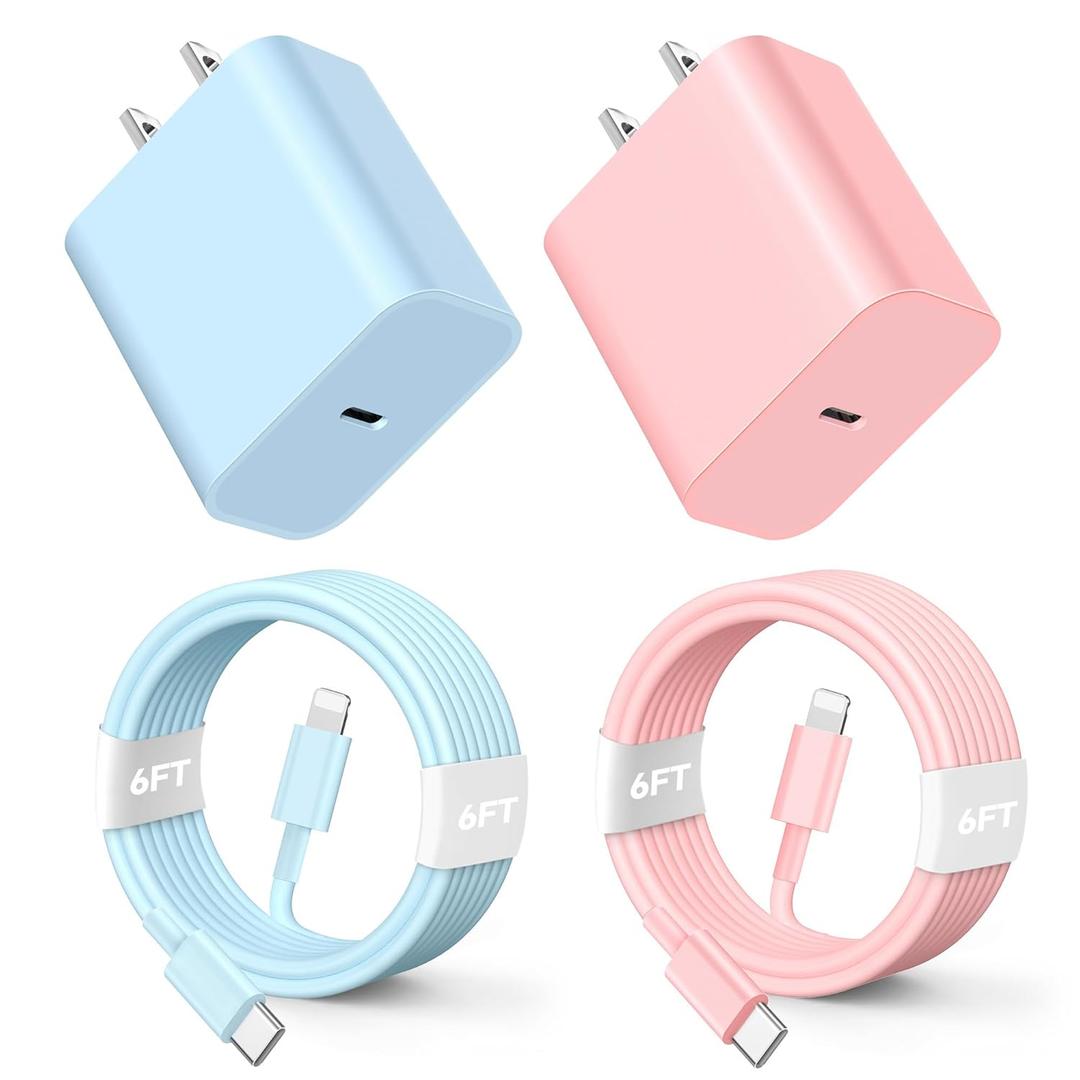 for Phone Charger Fast Charging, 20W PD USB C Wall Charger Block with 2 Pack 6 FT Type C to Lighting Cable Compatible with iPhone 14/13/12 Pro Max/11/XS/XR/X/8/Plus (BluePink)