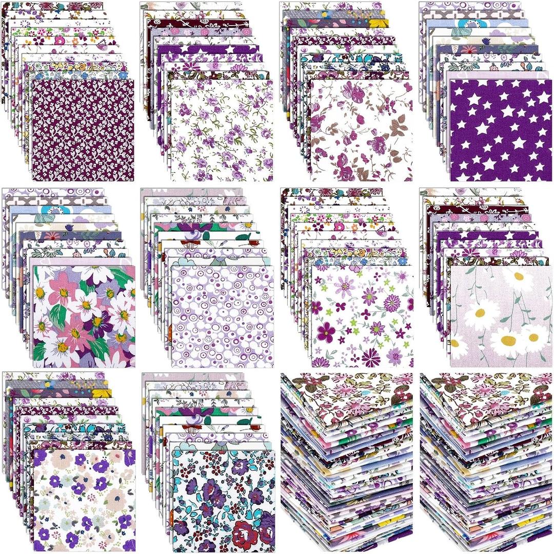Kinlop 600 Pcs 5 x 5 Floral Cotton Fabric Patchwork Fat Quarters Bundles Precut Fabric Square Printed Cotton Strips Quilting for Spring Holiday DIY Craft Sewing(Purple)