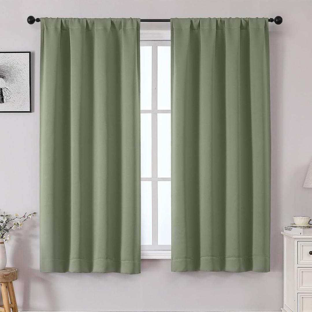 OWENIE Sally Sage Green Blackout Curtains for Bedroom 63 Inch Length 2 Panels Set, Solid Thermal Insulated Room Darkening Rod Pocket Privacy Window Treatment Curtains Drapes, W40 x L63 Inch