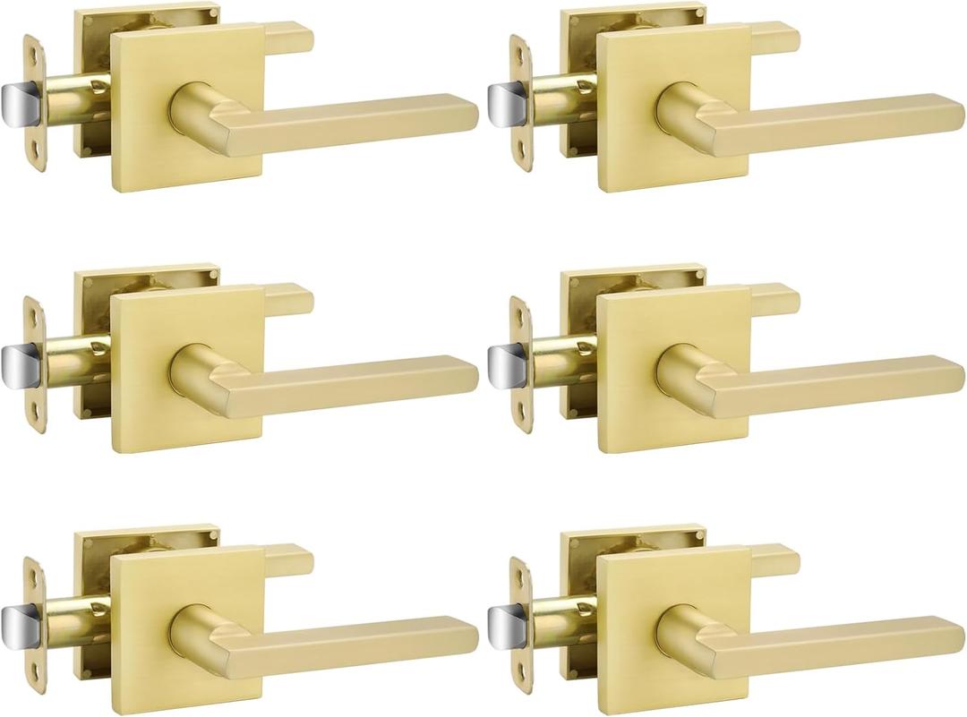 Goldenwarm Gold Passage Door Handles for Hallways & Closets, Zinc Alloy NonLocking Brushed Gold Closet Door Handles, Heavy Duty Passage Door Hardware (6 Pack)