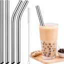 NiHome 4-Pack Stainless Steel Smoothie/Milkshake Straws, 0.5'' Extra Wide Reusable Metal Straw, Extra Long Straight & Bent Drinking Straws for Boba, Thick Beverages, Cold Drinks, 1 Brush (Silver)