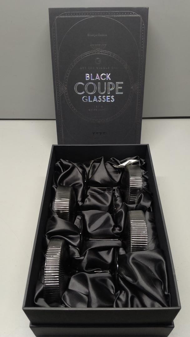 GLASSIQUE CADEAU Vintage Art Deco Smoke Black Coupe Glasses | Set of 4 | 7 oz Ribbed Cocktail Glassware for Drinking Champagne, Martini, Cosmopolitan, Manhattan | Crystal Speakeasy Saucers