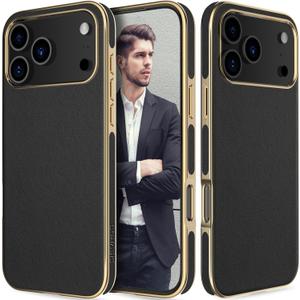 LOHASIC for iPhone 17 Pro Leather Case, Business Vegan Leather Classic Anti-Scratch Cover Protective Men Women Cases for iPhone 17 Pro 2025, Black Gold