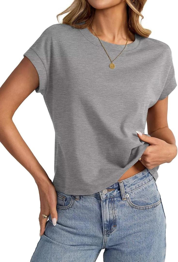 EasyGala Womens Cap Sleeve Crop Tops Cotton T Shirts Crewneck Loose Fit Short Sleeves Tee Summer Fashion Clothes 2026 (Gray, XL)