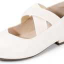 PANDANINJIA Girls Dress Shoes Ballet Flats Mary Jane Elastic Cross Strap Little Big Kid Low Heels Flower Girl Shoes (Ivory) (12 Little Kid)