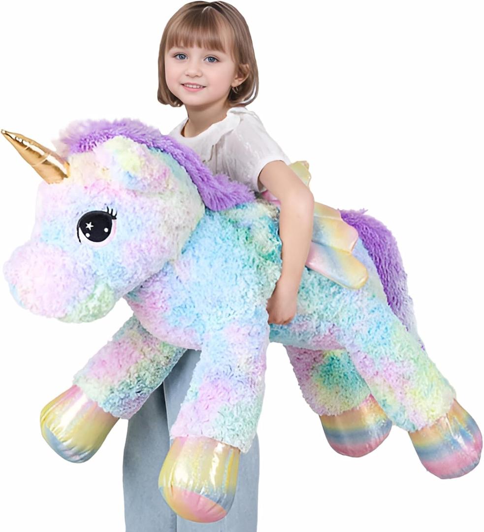 FFxiong 44 Inch Giant Rose Rainbow Unicorn Stuffed Animal Plush Toy with Wings Soft Cute Large Unicorn Plushies Animals Body Pillow Gift for Children Boy Girl Kids Birthday Valentine Room Decorations