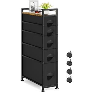 LASZOLA 5 Drawer Narrow Dresser Slim Cabinet Skinny Storage Tower Chest, Ideal for Small Spaces Bathroom, Between Washer and Dryer, Lightweight Mobile on Wheels, Sturdy Fabric Drawers, Black