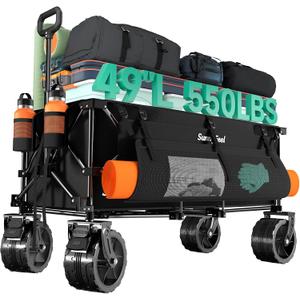 SUNNYFEEL 49" L Foldable Wagon Cart with Big Wheels - 550lbs Heavy Duty Extra Long Collapsible Shopping Cart - Utility Grocery Wagon for Garden Sports Camping Outdoor Activities (Black)