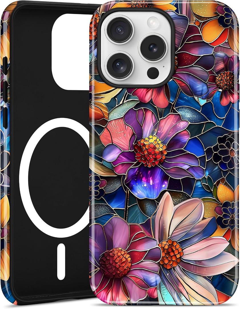 Jusy Magnetic Stained Glass Floral Case for iPhone 17, Purple