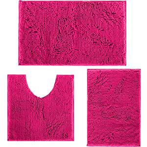 Deep Pink Plush Bath Set of 3 Anti-Slip Mats, Soft Chenille Shaggy Mat for Bathroom, Bedroom & Living Room, Water Absorbent