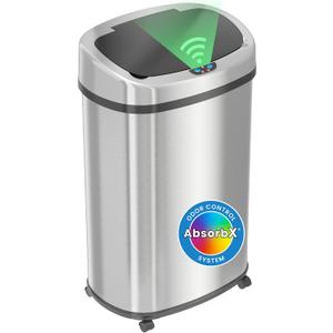 SensorCan 13 Gallon Sensor Trash Can with Wheels and AbsorbX Odor Control System, Stainless Steel, Oval Shape Automatic Kitchen and Office Garbage Bin (Powered by Battery or Optional AC Adapter)