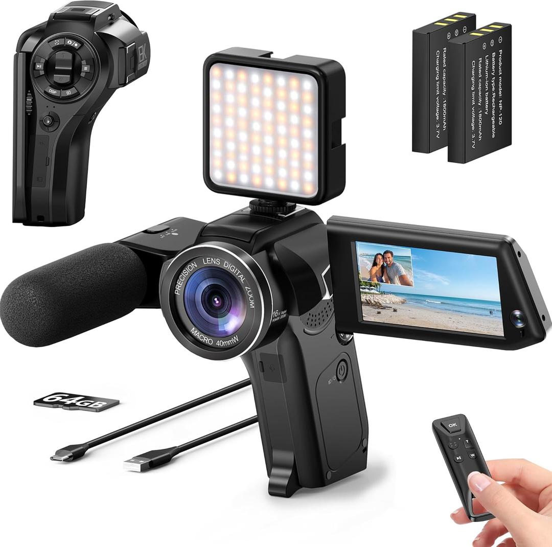 Yatao 8K Video Camcorder - 75MP Vlogging Camera with Dual View Recording, WiFi, 16X Zoom, Handheld Design, 270 Flip Screen. Includes 64GB Card, Microphone, Fill Light & Remote Control