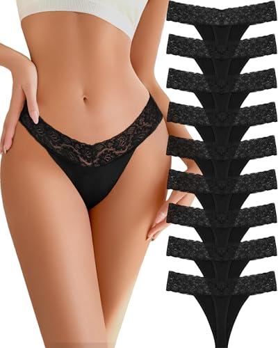 READY TO LOVE Cotton Lace Thongs for Women Sexy Breathable Womens Underwear Low Rise T-Back Soft Stretchy Ladies Panties S Black