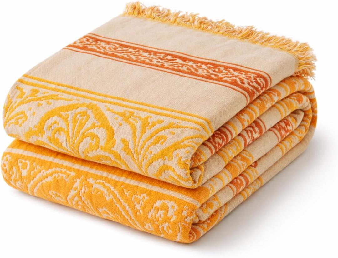 100% Cotton Boho Throw Blanket for Home Decor Classic Farmhouse Quilt Bedding, Muslin Blankets for Adults, Vintage Woven Decorative Blanket for Couch, Bed Layering Use, Bohemian Stripe, 90"x90"