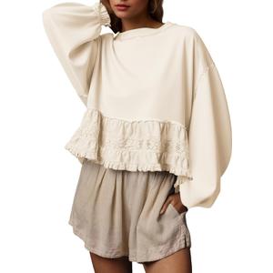 calbatic Women Oversized Peplum Sweatshirt Long Sleeve Crewneck Babydoll Top Casual Ruffle Lace Patchwork Fall Pullover (Yellow, S)