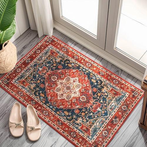 YJ.GWL Area Rug 2x3 Floral Vintage Rugs, Indoor Entrance Door Mat Small Washable Rugs, Non Slip Carpet for Living Room Entryway Kitchen, Orange-Red