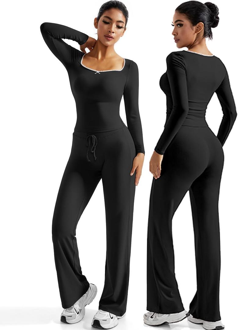 OMKAGI Womens Lounge Set Lace Square Neck Long Sleeve Tops Wide Leg Pants 2 Piece Outfits (Black, XL)