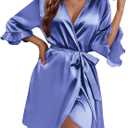 Ekouaer Women's Satin Robe Valentines Lingerie for Women Kimono Bathrobe Short Ruffle Belted Robes Bridesmaids Sleepwear (Medium, Cobalt Blue)