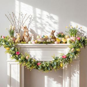 6 ft Thick Easter Garland Decor Artificial Easter Egg Garland for Mantle Fireplace with Tulip Eucalyptus Leaves Spring Vine Decorations for Home Indoor Outdoor Holiday Party