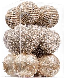 ChrisWish 14PCS Champagne Heart Ornaments&Christmas Ball Ornaments, Christmas Ball Decorations Shatterproof Plastic Hanging Pearl Balls for Holiday Party