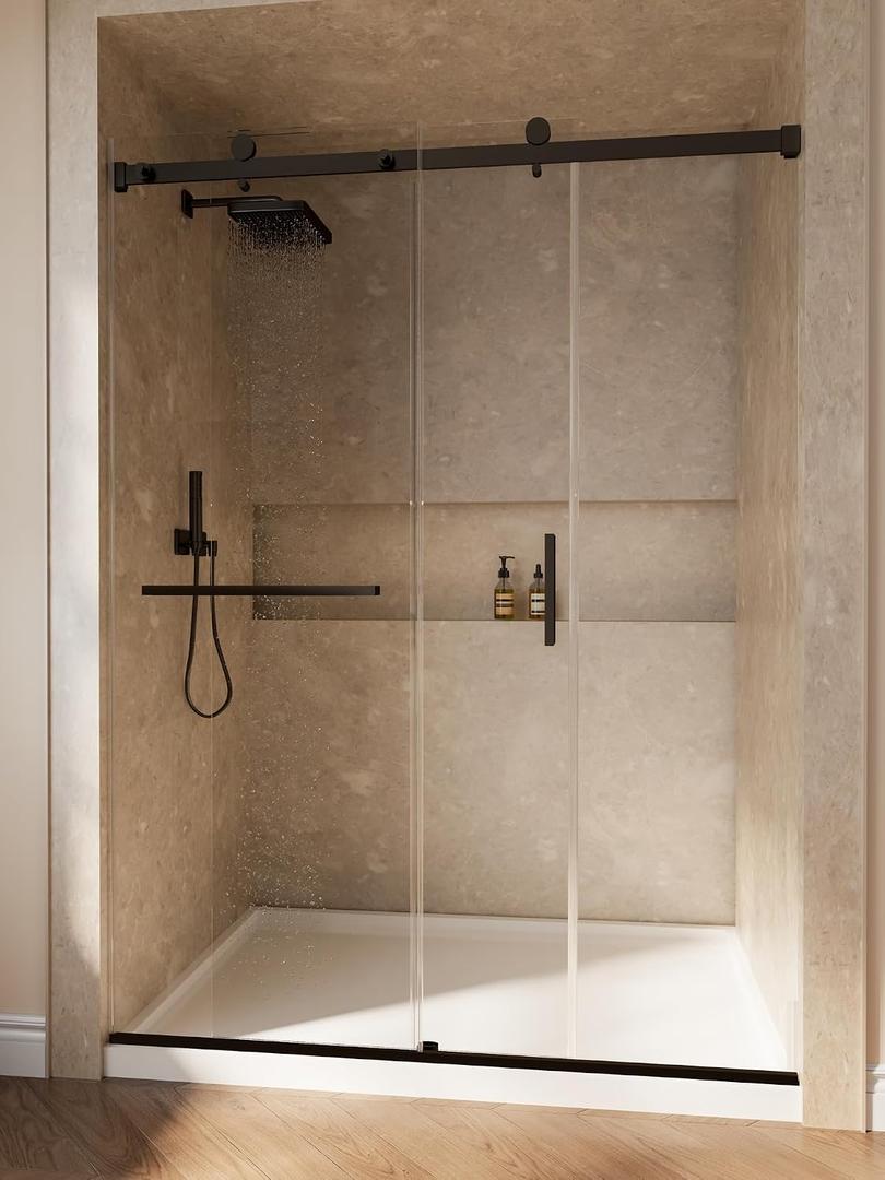 Frameless Sliding Shower Door, 56-60" W x 76" H, Matte Black | Stainless Steel, 1/4" SGCC Tempered Clear Glass with Explosion-Proof Film & Nano Coating Shower Doors for Walk-in Shower