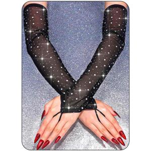 CASDRE Sparkly Rhinestone Long Mesh Gloves Fingerless Elbow Length Arm Sleeves Prom Costume Glove for Women (Black)